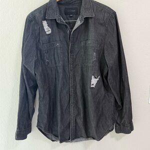 Among Equals Black Distressed Denim Button-Up Shirt Size L